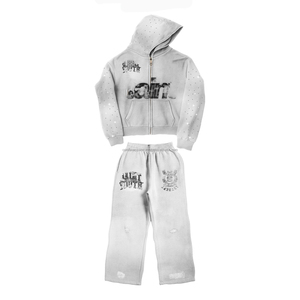 2025 Casual Terry Embroidered Distressed Applique Logo Streetwear Vintage <b>Oversized</b> <b>Jogger</b> Set Raw Hem Acid Wash Tracksuit Men - Product Image 3