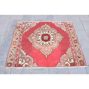 Vintage 4.4x3.6 ft Rug, Turkish Rug, <b>Red</b> Solid <b>Wool</b> Rug - Product Image 1