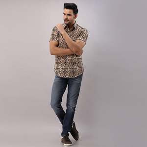 Men's Casual Brown Cotton Floral <b>Shirt</b> Breathable Poplin Fabric <b>Button</b>-Up Collar Stand Collar Sizes XL 6XL for Office Wear - Product Image 1