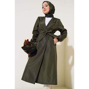 Vintage Khaki Trench <b>Coat</b> Double-Breasted Buttonless Model <b>Belt</b> Waterproof Winter Spring Season Printed Cashmere Wool Cotton - Product Image 2