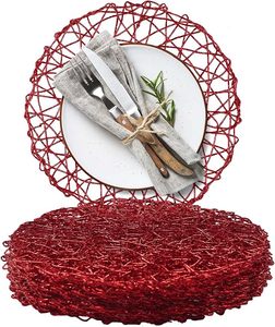 Set de table rond en papier tressé rouge, design moderne, fait main, naturel, antidérapant, résistant à la chaleur, pour intérieur et extérieur - Product Image 1