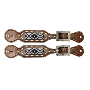 Ladies leather spur straps with black & white woven fabric Inlay with southwest design Wholesale Manufacturer