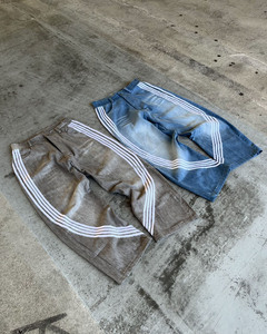 Streetwear décontracté à rayures et logo personnalisé délavé à l'acide jeans vintage short de survêtement en denim pour hommes - Product Image 3