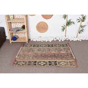 Classic Beige and <b>Black</b> Handmade Vintage Turkish Wool <b>Rug</b> 3.3 X 4.2 ft Rectangular Patchwork Design for Bedside Latex Backing - Product Image 1