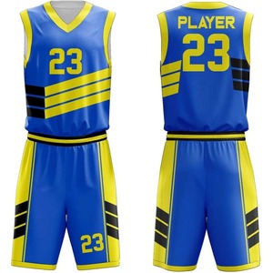 Ensemble de maillots de basket-ball personnalisés en polyester/coton imprimés par transfert thermique, bleu et jaune, lettres, évacuation de l'humidité, unisexe, adulte, athlétique - Product Image 6