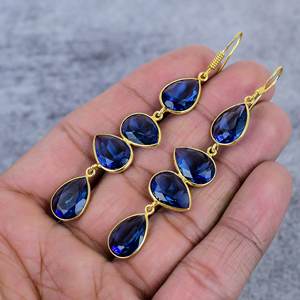 ต่างหูแทนซาไนต์ควอตซ์สี่เม็ด ประดับเงินแท้ 925 ชุบทอง ทำด้วยมือ รูปทรงหยดน้ำ สำหรับผู้หญิง - Product Image 3