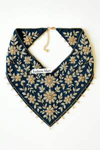 Écharpe ras du cou perlée artisanale Broderie florale ethnique sur tissu velours de qualité supérieure - Product Image 5