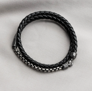 Pulsera de cuerda de cuero para hombre, cadena de caja redonda negra, pulsera de cuerda náutica oxidada de plata esterlina, pulsera de surfista - Product Image 1
