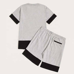 Ensemble deux pièces pour homme, t-shirt à manches courtes gris bicolore et short, coupe ample, bordure contrastée, vêtements décontractés, jersey en coton - Product Image 2