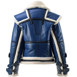 Chaqueta de cuero satinado azul marino para mujer con piel de oveja genuina blanca y forro de piel sintética, ropa de abrigo cálida y elegante con cremallera - Product Image 6