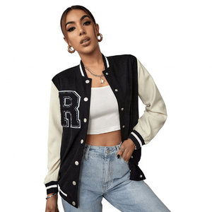 Women's Baseball Bomber Casual Retro Varsity Jacket Single Breasted <b>Distressed</b> Button Down Outerwear Hipster Chenille Jackets - Product Image 1