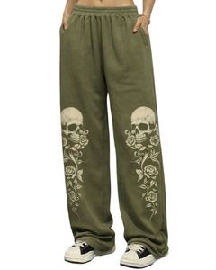 Pantalons de survêtement à jambes larges personnalisés avec imprimé rose et crâne vert olive, vêtements de rue surdimensionnés pour femmes, pantalons de jogging en molleton, fabricant OEM personnalisé - Product Image 1