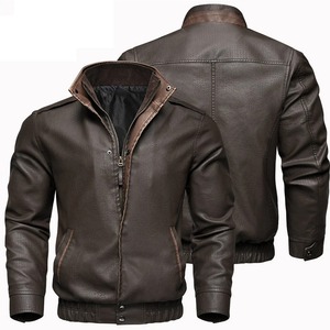 Chaqueta de moto de cuero de piel de oveja negra con cuello levantado para hombre de otoño, abrigo de motorista cálido de invierno con cremallera de Color sólido, estilo informal - Product Image 1
