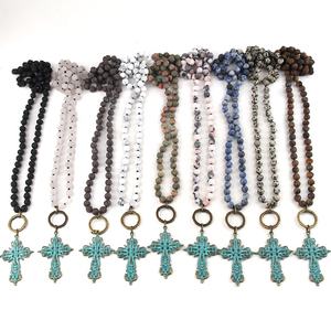 Collana di gioielli tribali della boemia delle donne collana di pietra naturale opaca di modo collana con pendente a croce a cerchio - Product Image 6