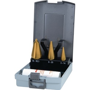 Jeu de 4 forets à dégrossir RUKO pour tôle 3-14/5-20/16-30.5mm HSS-TiN, étui en plastique ABS pour travaux métalliques - Product Image 1