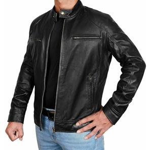 Veste en cuir décontractée d'hiver à la mode pour hommes respirant en cuir pur fermeture à glissière solide tissu de toile de style haute rue - Product Image 2