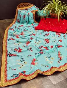 Diseñador exclusivo Indian Georgette Sarees Bodas Fiestas Tendencia Impresión digital Secuencia Bordado Trabajo Alto Étnico para mujeres - Product Image 3