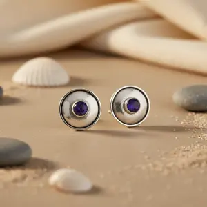 Boucles d'oreilles rondes tendance pour femmes en argent 925 avec pierre bleue plaquée or, zircon diamant, perle - pour mariage, fiançailles, fête - Product Image 2