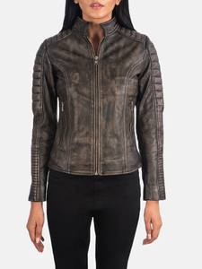 Veste en cuir marron vieilli pour femme, style café racer, matelassée, en cuir d'agneau véritable, vintage, veste de motard, coupe ajustée, fermeture éclair, coton - Product Image 3