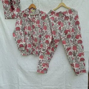 Kleurrijke Handblokbedrukte Katoenen Pyjama-Set Voor Zomernachtkleding Voor Dames, Katoenen Pj-Sets Met Bloemenprint