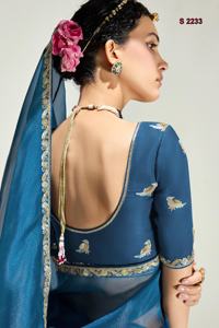 Saree de créateur en organza de soie pure avec belle broderie séquence travail bordure style pakistanais mariage et fête porter - Product Image 3