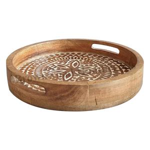 Plateau de service rond en bois de manguier antique finition blanche brûlée 10x10x2.5 pouces de qualité supérieure pour la décoration élégante de la maison ou du bureau - Product Image 1