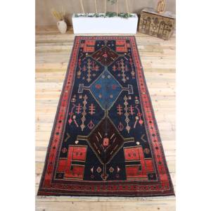 Tapis turc vintage 4,8x11,7 pieds, tapis bleu géométrique en laine - Product Image 1