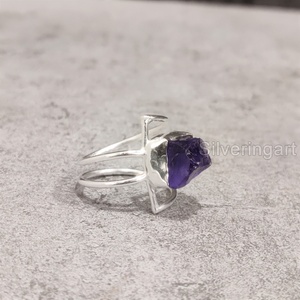 Anillo de plata de ley 925 con doble banda y piedra natural de amatista en bruto, joyería de piedra de nacimiento de febrero para mujer - Product Image 4