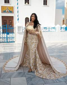 Designer Heavy Zari Broderie sur Élégante Robe Caftan et Voile en Soie Coupe du Poisson Robe de Sentier de Mariage 2024 - Product Image 1