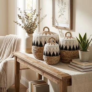 Juego de Cestas de Almacenamiento Ecológicas de Macramé con Corteza de Plátano Natural, con Asas, Diseño Tribal Moderno con Diamantes, Decoración Multiusos para el Hogar - Product Image 4