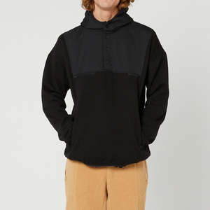 Sweat à capuche en polaire noir pour homme, panneau contrasté en nylon, bouton pression, col montant, streetwear, vêtements d'extérieur, pull chaud d'hiver - Product Image 6