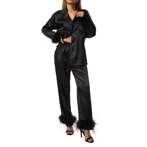 Pyjama en soie satinée respirante pour femmes, personnalisé, 2 pièces, ensemble de vêtements de nuit à manches longues pour femmes, de haute qualité, col rabattu pour femmes - Product Image 4