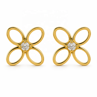 JJBRAVO Pendientes de flor de pétalos abiertos de oro macizo de 14k con circonita redonda para mujer, joyería fina elegante, regalo para fiesta de boda