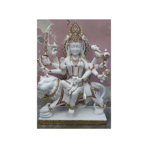 수공예 아이템으로 새로운 도착 및 광택 마감 인도 제조 업체 수제 흰색 대리석 황금 작업 Durga Maa 동상