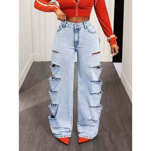 กางเกงยีนส์ขาบานทรงดิสเทรส ดีไซน์เก๋ ใส่สบาย เอวสูง สไตล์ลำลอง ระบายอากาศได้ดี ตัดเย็บแบบคัตเอาท์ ไซส์ XL ลายพิมพ์โลโก้ - Product Image 5