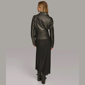 Chaqueta de Cuero de Oveja Genuino para Mujer, Estilo Motociclista Corto Acolchado con Cierre de Doble Cremallera y Forro de Nailon Cortavientos - Product Image 4