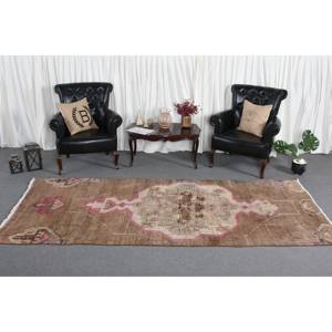 Alfombra de lana Vintage marrón y Beige, 4x10 pies, clásica, turca, hecha a mano, diseño de retazos, respaldo de látex, pasillo Rectangular para cabecera - Product Image 2