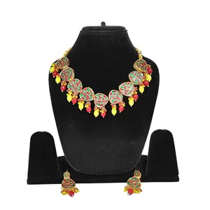 Ensemble de bijoux de mariée plaqué or 24 carats, rouge et jaune Kundan, collier et boucles d'oreilles pour les mariages - Product Image 2