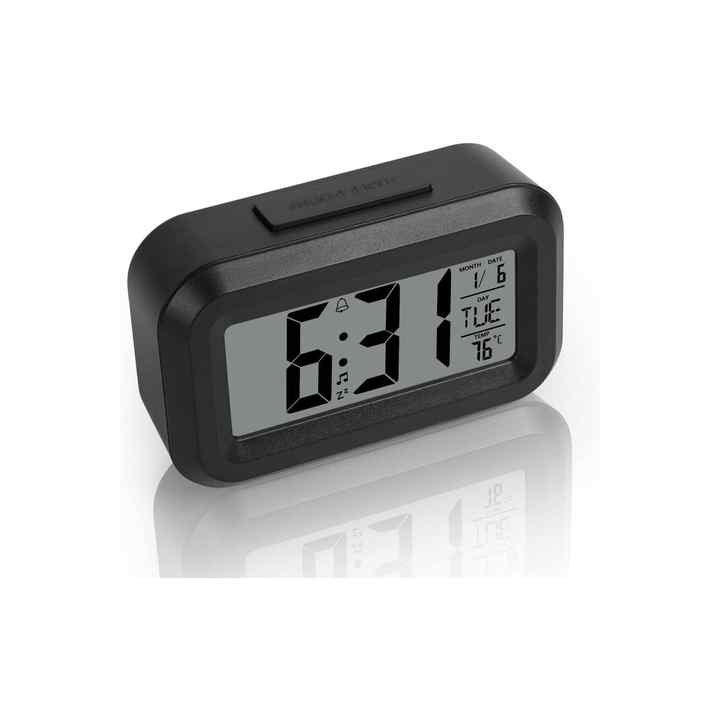 Digital Table Clock with LED Display, Illuminated Alarm, Black Alarm Clock with Thermometer and Shows Date