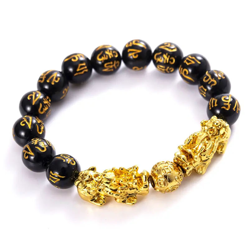 Gold Jewelry Feng Shui Hand Carved Mantra Beads Pixiu Pi Yao Golden Lucky Wealthy Amulet Bracelet