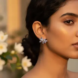 Boucles d'oreilles clous tendance en or 14 carats plaqué avec pierre principale géométrique en diamant tanzanite pour fiançailles, argent 925, cadeau pour femme - Product Image 2