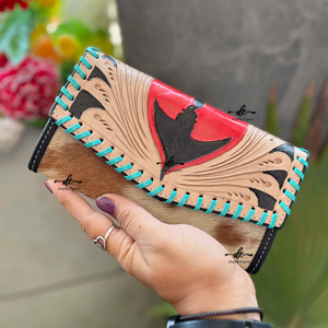 Western Pattern Hand <b>Tooled</b> Carving Wallet Clutch Stylish Genuine Leather Cowhide Fur Wallet <b>Multi</b> Uses Western Leather Wallets - Product Image 1