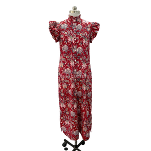Robe bohème 100% coton indienne pour femmes, robe à col montant à imprimé floral et longue avec fermeture à boutons. - Product Image 1