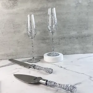 El yapımı 200ml gümüş resimleri desen şampanya flüt kadehler düğün gözlük kadeh seti ile kek bıçağı kürek