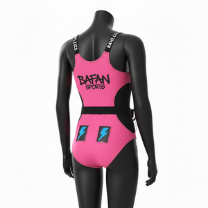 ชุดว่ายน้ำผู้หญิงผ้าโพลีเอสเตอร์ผสมสแปนเด็กซ์พรีเมียม สีชมพูนีออน ดีไซน์แผงสี พร้อมโลโก้แบบซับลิเมชั่นสั่งทำพิเศษ - Product Image 5