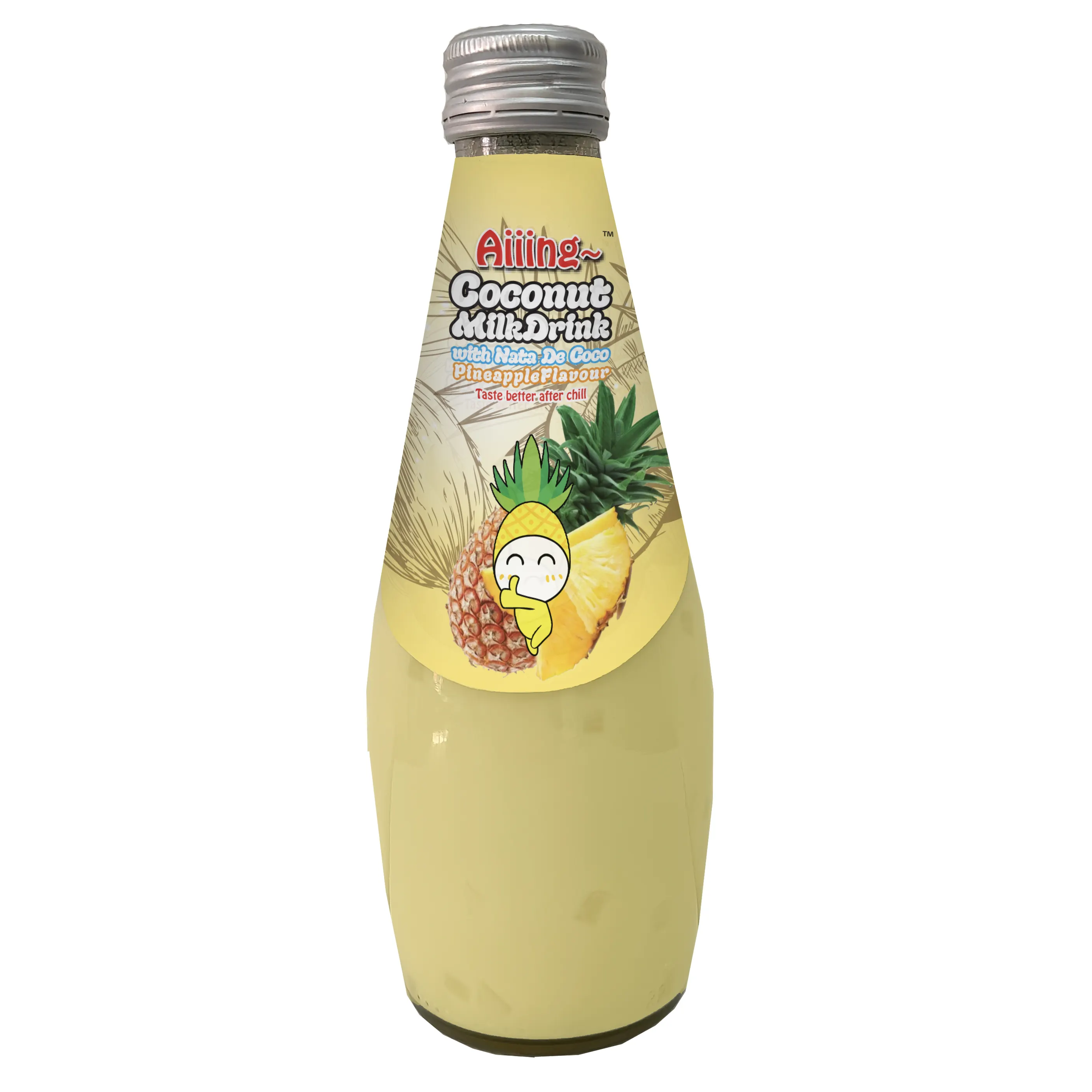 Aiiing Coconut Milk with Nata De Coco - Pineapple Flavour Coconut Milk Coconut Juice Nata De Coco 290ml Glass Bottle