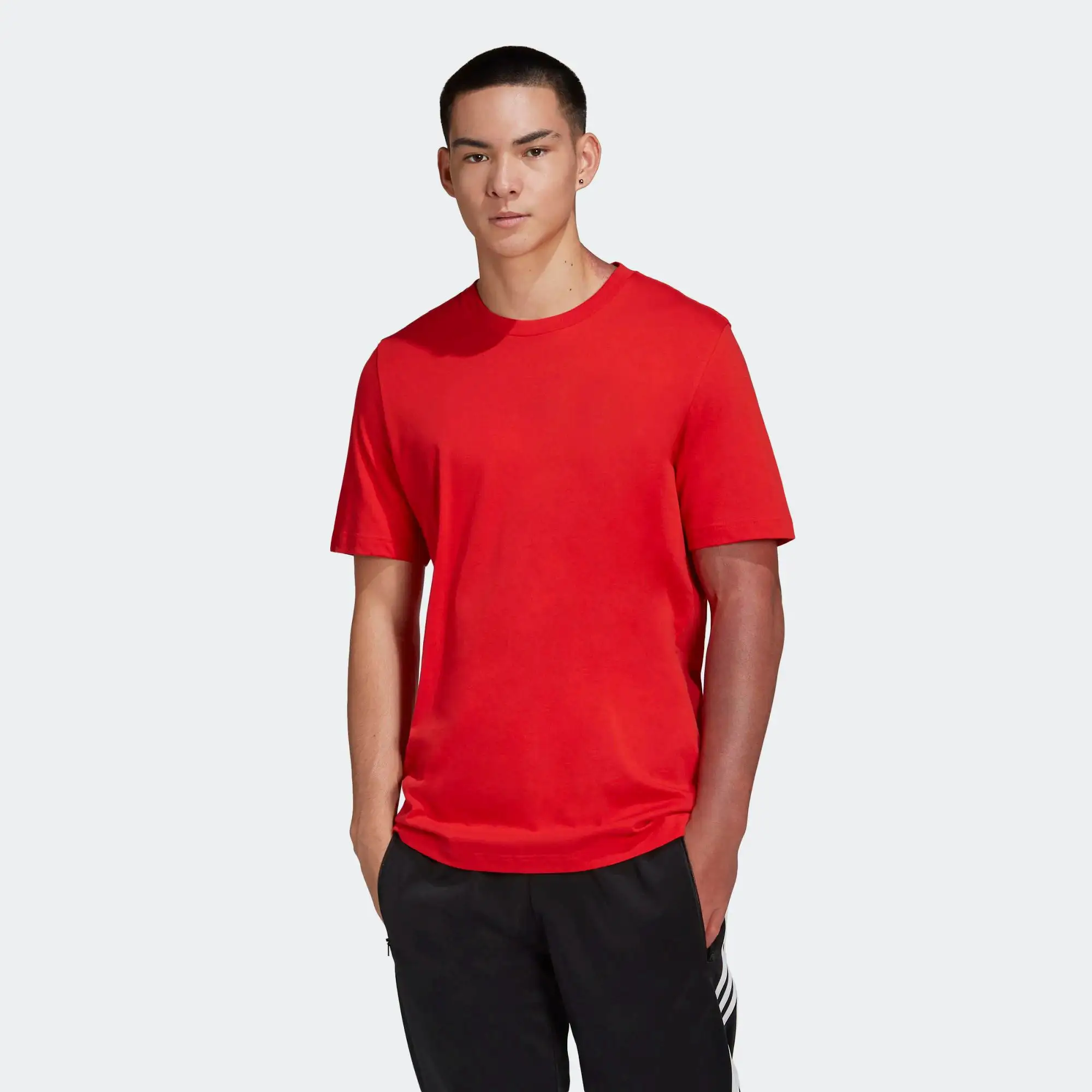 Camiseta masculina 100% algodão com gola redonda canelada, camisa de manga curta vermelha vívida, ideal para homens