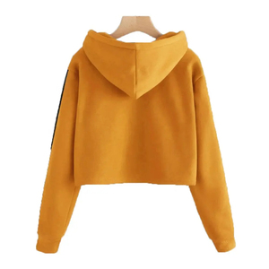 Sudadera Corta con Capucha para Mujer, Color Sólido, Manga Larga, Estilo Casual para Otoño, Amarillo con Rayas Negras - Product Image 4