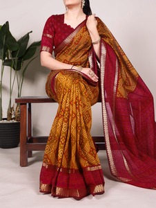 Chanderi traditionnel indien en polyester et viscose avec imprimé Bandhej avec fabricant de saree de tissage Zari de Surat - Product Image 4