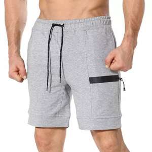 Grey Men Gym Workout <b>Shorts</b> <b>With</b> Zipper <b>Pocket</b> Drawstring Waist And Lightweight Breathable Fabric for Men - Product Image 1